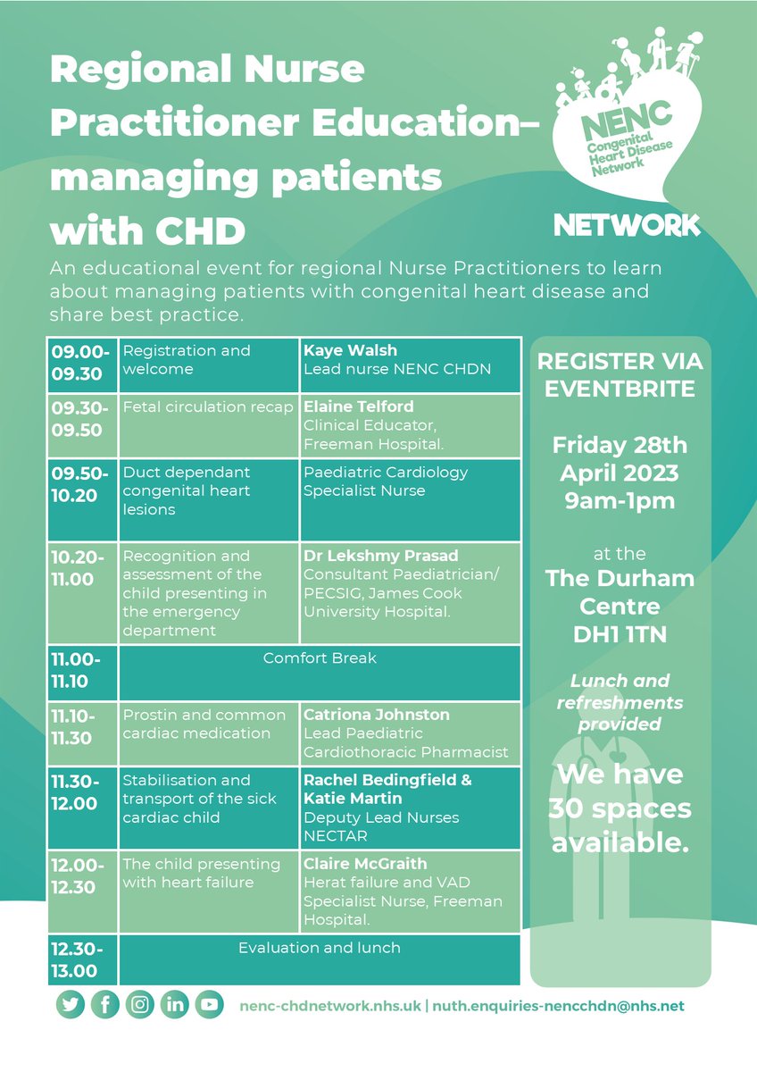 2 weeks tomorrow!! Regional Nurse Practitioner Education - managing patients with CHD Places are going fast!! Sign up here 👉 tinyurl.com/mu3v4pwy