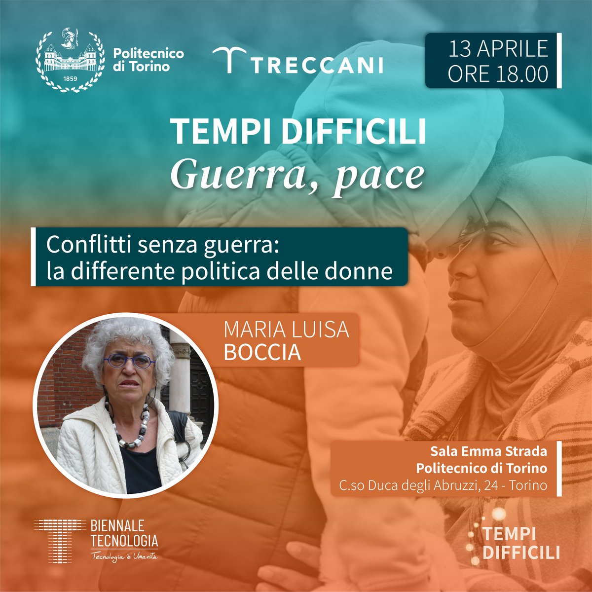 PoliTOnews's tweet image. #TempiDifficili

&quot;Conflitti senza guerra: la differente politica delle donne&quot;

📆Oggi - h 18
📍Sala Emma Strada - #PoliTo

Terza lezione della serie &quot;Tempi difficili: Guerra, pace&quot;, con Maria Luisa Boccia

ℹ️ biennaletecnologia.it/tempi-difficil…

#BiennaleTech