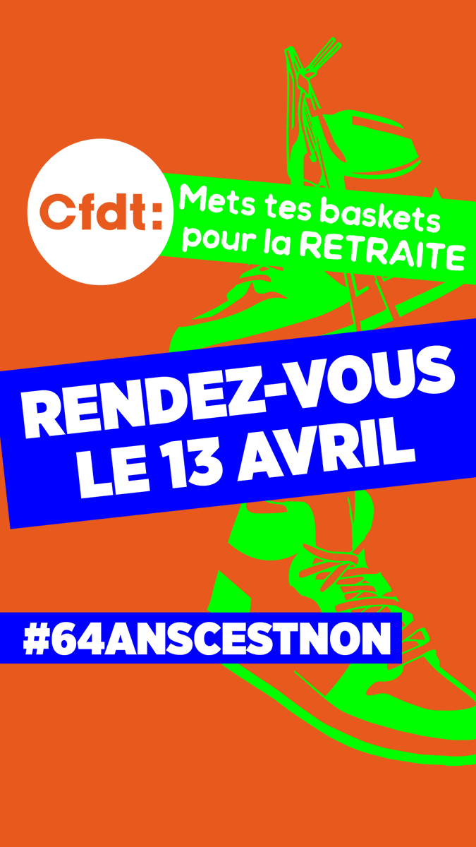 CFDT's tweet photo. 📢RDV aujourd'hui #13avril dans la rue pour dire #64ansCestNon. La démocratie, c’est aussi la démocratie sociale ! C’est nous, travailleurs, travailleuses, étudiants, lycéens, retraités etc.  
📍Points de mobilisation➡️ https://t.co/dHwHTvAy48 #greve13avril #réformedesretraites https://t.co/dwxEbKdkhK
