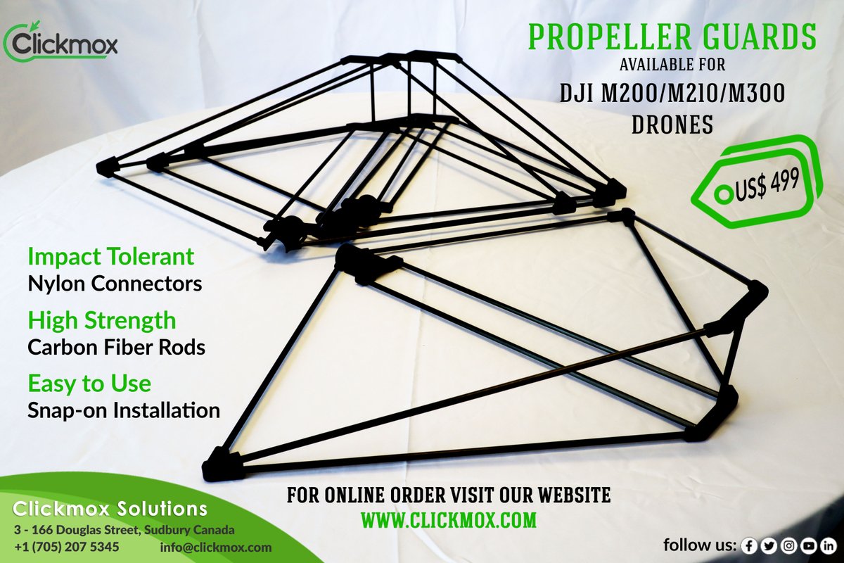 Clickmox Solutions (@clickmoxcanada) on Twitter photo Propeller Guards Available for DJI Enterprise Series Drones M200 V1/V2 , M210 V1/V2, M300.
Specially designed mounts to restrict lateral and rotational movements on impact.
Price: USD 499.
Contact: info@clickmox.com
#Drone #Matrice200 #Matrice210 #Matrice300 Propeller Guards Available for DJI Enterprise Series Drones M200 V1/V2 , M210 V1/V2, M300.
Specially designed mounts to restrict lateral and rotational movements on impact.
Price: USD 499.
Contact: info@clickmox.com
#Drone #Matrice200 #Matrice210 #Matrice300