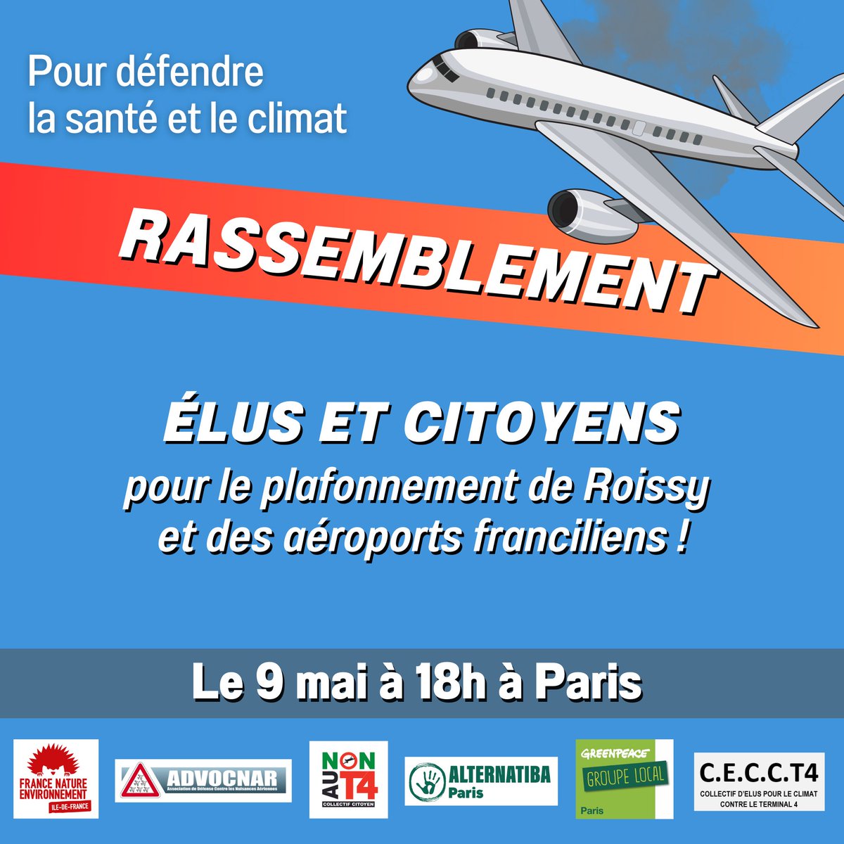 ✊✈️[MOBILISATION] Pour un plafonnement et un couvre-feu à Roissy ! Le trafic aérien doit ↘️ pour le climat et la santé des riverains. Nous demandons à rencontrer <a href="/CBeaune/">Clément Beaune</a>

Rdv le 9 mai devant le ministère de l'écologie et des transports !👉S'inscrire: bit.ly/4079Ima
1/x