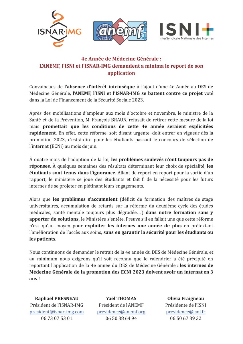 [Communiqué de Presse]

4e année de Médecine Générale : l'ANEMF, l'<a href="/ISNARIMG/">ISNAR-IMG</a> et l'@ISNI demandent a minima le report de son application ! 🛑

#médecine #étudiant #4AMG #CauchemarEnMédecine 

anemf.org/actualites-div…