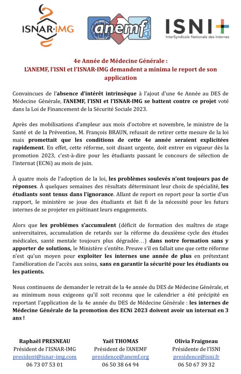 Avec l’<a href="/ISNARIMG/">ISNAR-IMG</a> et l’<a href="/ANEMF/">ANEMF</a> nous demandons a minima le report de la réforme de l’#internat en médecine générale ! Cette réforme est inutile et inaboutie !