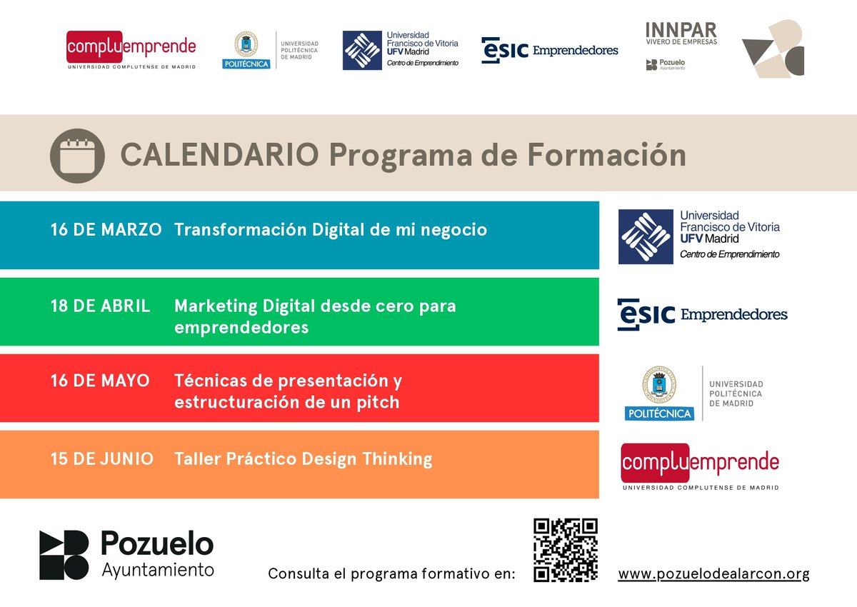 compluemprende's tweet photo. 📣Nuevo Programa de Formación para emprendedores de Innpar @ayto_pozuelo

📅Marzo/Junio 2023

Formación 💻 online y 👥presencial

Innovación 🤝 Emprendimiento

➕Info ➡️ https://t.co/4CfhAmRnps https://t.co/cpIpi4vJri