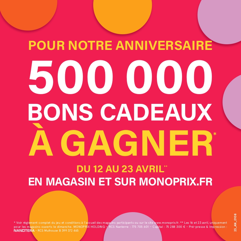 Pour son 91ème #anniversaire, #Monoprix gâte ses clients en leur faisant gagner 500 000 bons cadeaux🎁 Sur monoprix.fr, nos clients pourront tenter de gagner un des 300 bons d’une valeur de 50€ avec le code PLEINANNIV23 Rdv jusqu’au 23/04, en ligne et en magasin