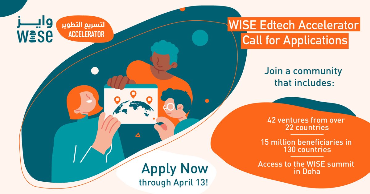 WISE_Tweets's tweet photo. Last call to apply to join the #WISEedtech Accelerator!
Donβt miss a chance to benefit from 108 hours of one-to-one coaching, 3 bootcamps, & 100+ introductions to potential partners designed to take your venture to the next level. Apply through tonight: https://t.co/EQPppkV7PZ https://t.co/E97cEmwKNG