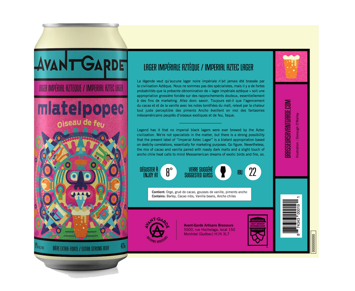 pencilrobot's tweet photo. New beer can design for Avant-Garde Brasseurs in Canada. Mlatelpopec is an imperial aztec lager with dark cacao vanilla flavours. #illustration #beer #beercandesign #labeldesign https://t.co/DpfWeYFuRW