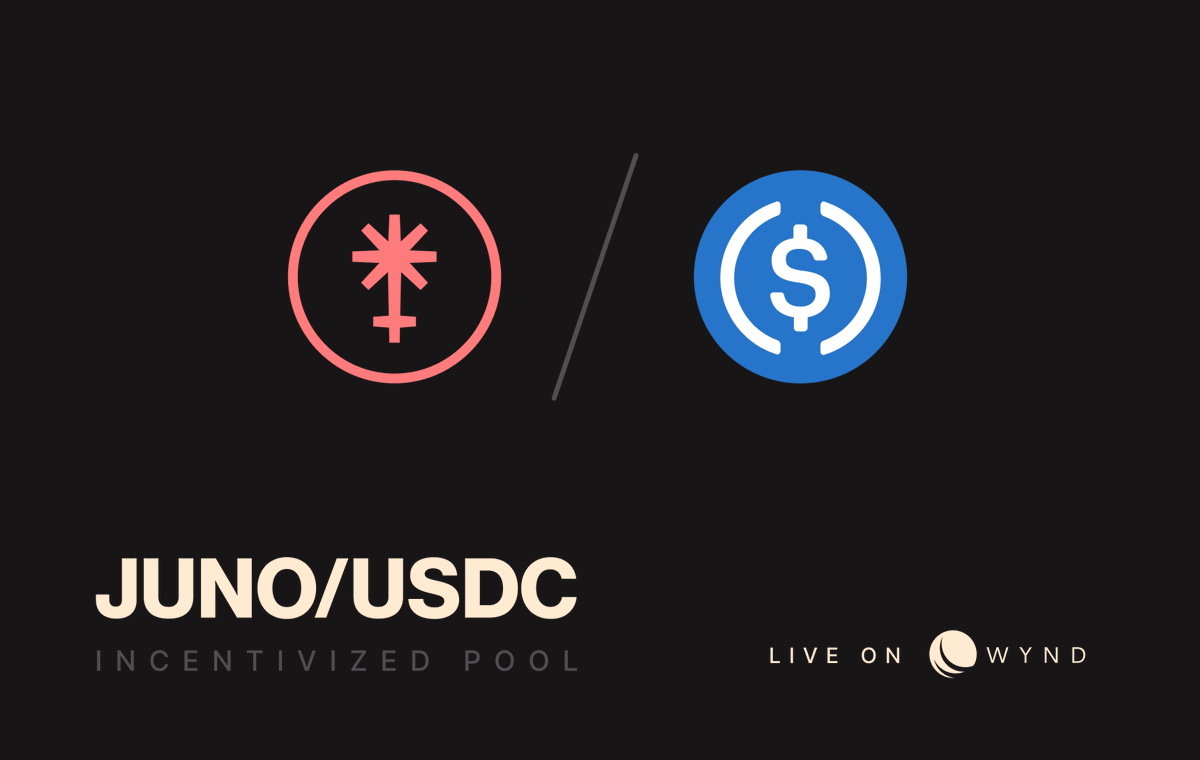 📡 Attention Junonauts!

Incentives for JUNO/USDC pool on @WyndDAO just went live 🌊

120K $JUNO to be distributed over 3 months for liquidity providers 💸

With APRs that go up to 308% 🤯

Don't miss the train and start reaping the rewards today on app.wynddao.com 🧑‍🌾