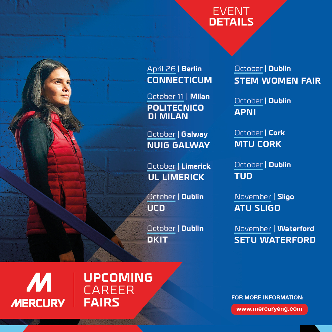 This year our talent acquisition team will be attending a variety of recruitment fairs across Europe, providing expert advice and insights about the range of exciting career opportunities at Mercury.

Follow the link for more information: bit.ly/3KzhBez