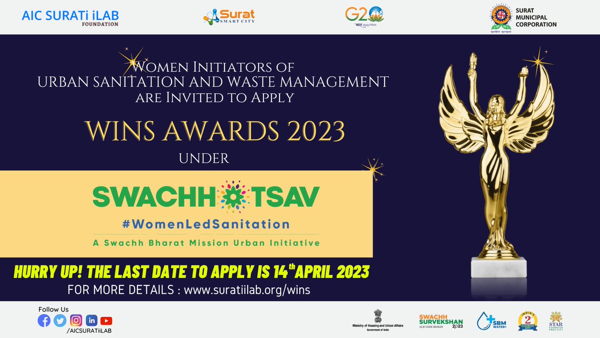 AICSURATiiLAB's tweet photo. The “Women Icons Leading Swachhata” (WINS) award launched by MoHUA as part of Swachhotsav 2023 aims to applaud the women leading the Swachhata revolution!
For more details: https://t.co/tnhuxseSnm
#Swachhotsav2023 #WINSAwards2023 #WomenLedSanitation #AICSURATiiLAB
@MySuratMySMC https://t.co/7DhzRSPVS0
