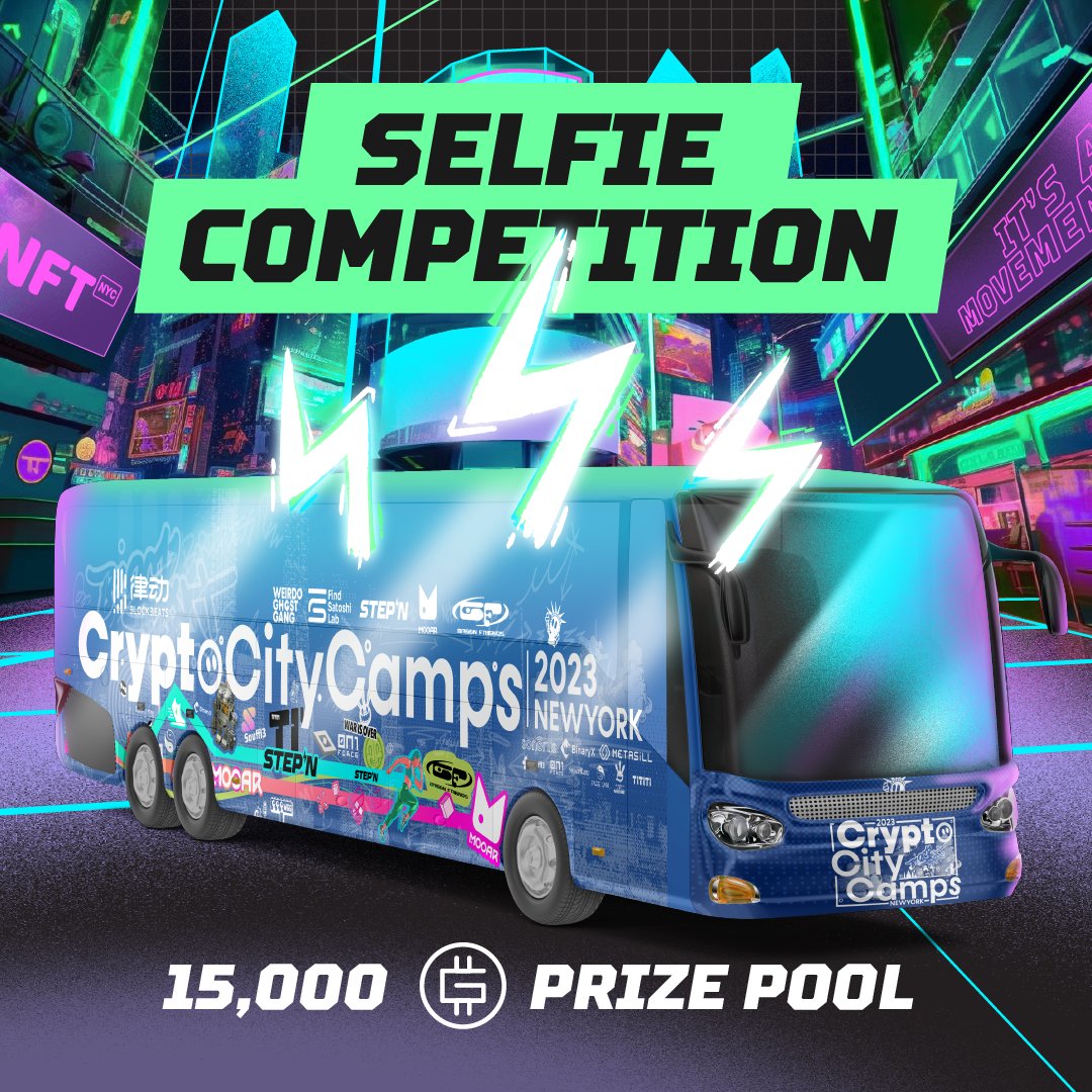 15,000 $GMT Prize Pool 🤯

Here's how to win ⤵️
🚌 Find the pictured bus today around #NFTNYC2023, check tweet below for schedule
🤳 Take a selfie and post to Twitter
💚 Tag <a href="/Stepnofficial/">STEPN GO</a> <a href="/mooarofficial/">MOOAR</a> <a href="/BlockBeatsAsia/">BlockBeats｜We're hiring!</a> 
#⃣ Hashtag #CryptoCityCamps #MOOAR #GNT 

Entries will be