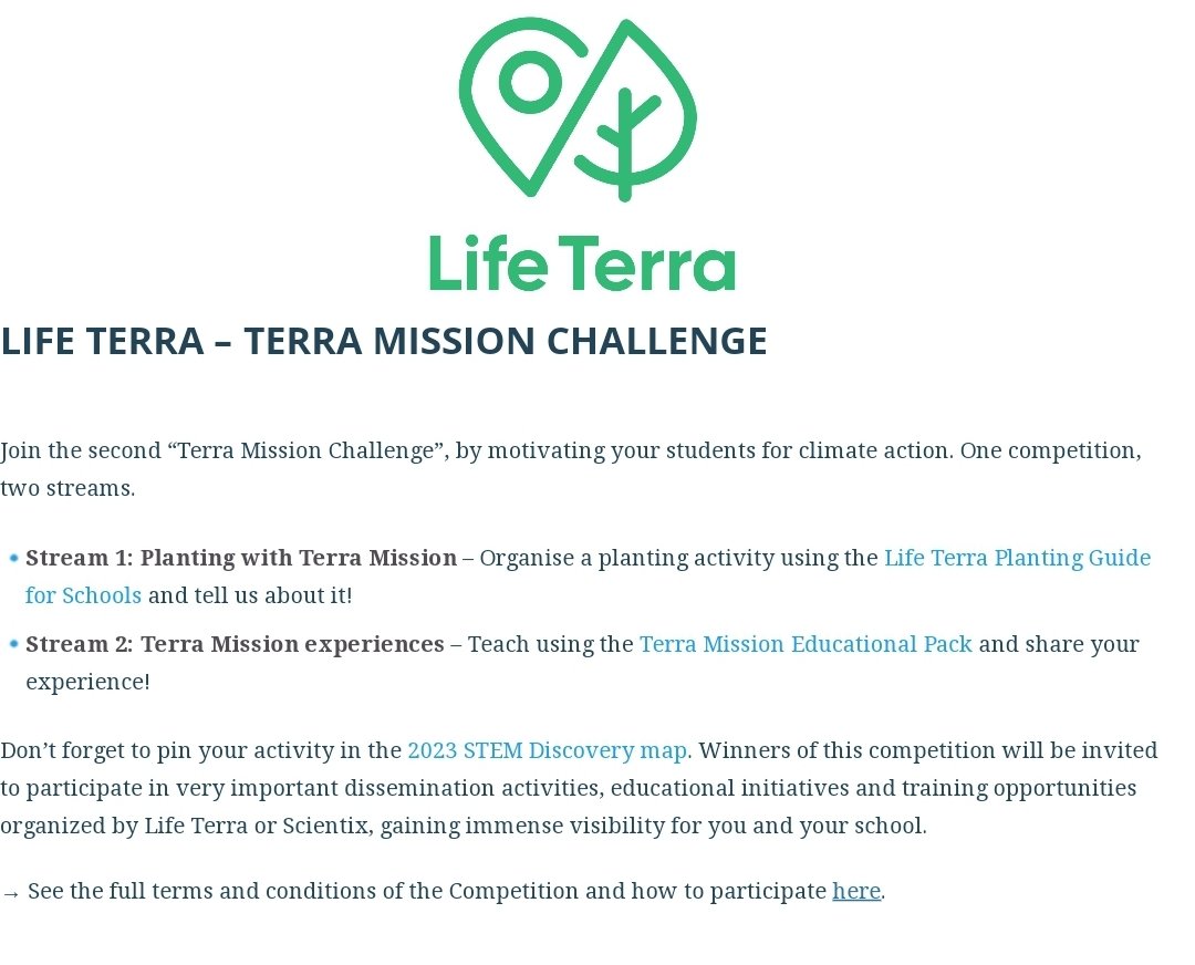 Gndzseher21's tweet photo. Do you want to motivate your students for climate action and win amazing prizes? If so, we encourage you to join the Terra Mission Challenge and teach sustainability in an innovative way 🌱 You can submit your entries until April 30, 2023.
https://t.co/lS2eZLObsl
#Scientix_eu https://t.co/g5apXPATEy