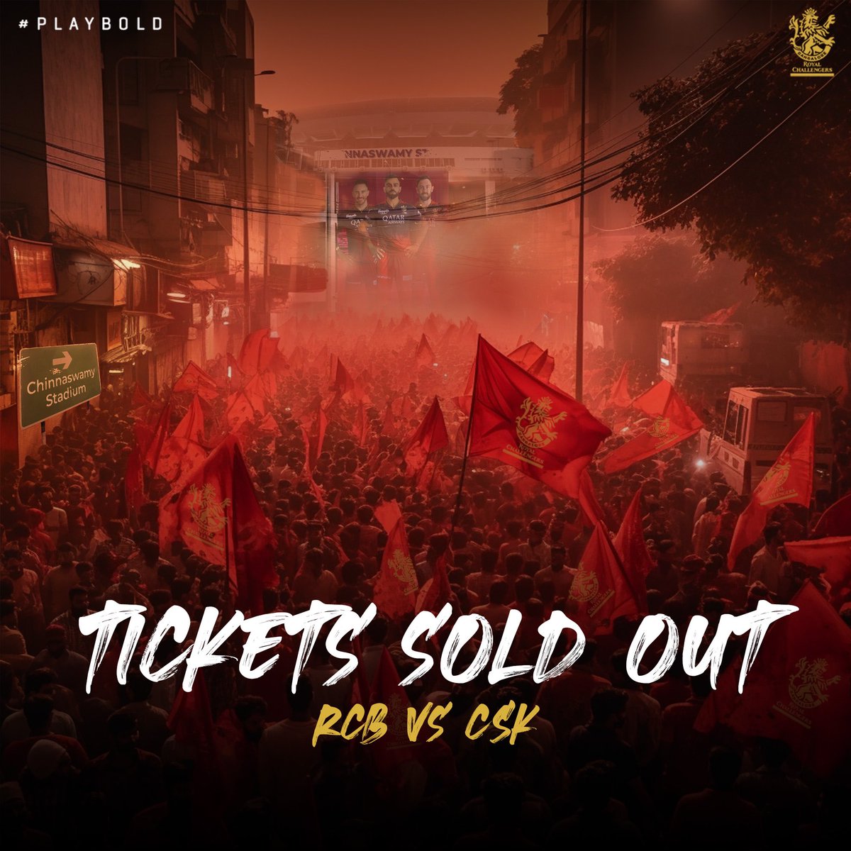 RCBTweets's tweet photo. 🚨 RCB v CSK Match Tickets SOLD OUT 🚨

No tickets are available online or at the stadium for the South Indian Derby on 17th April! 🏟️

Tickets already purchased online can be redeemed at Gate 4.  🎟️ 

#PlayBold #ನಮ್ಮRCB #IPL2023 #RCBvCSK https://t.co/puMxRKUbFC