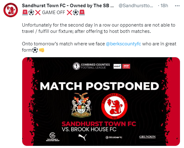 Ollie_Bayliss's tweet photo. Due to postponements, Sandhurst Town are now in the impossible situation of having 11 games to play in 10 days. https://t.co/7HJw6AOLtH