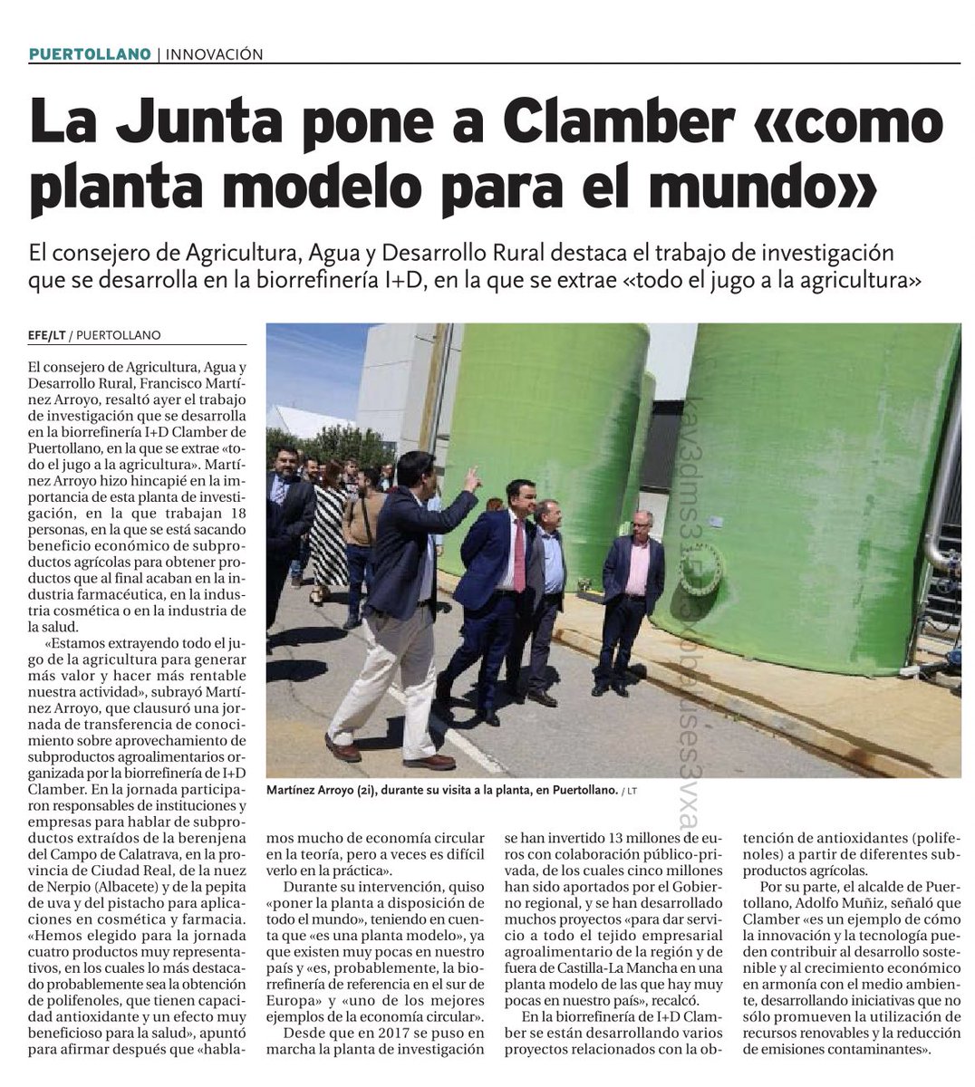fmartinezarroyo's tweet photo. 🔬 La investigación pública agraria sitúa a la biorrefinería #CLaMber a la vanguardia en #EconomíaCircular.
Los participantes en una importante jornada organizada por el #IRIAF @AgriculturaClm sobre los subproductos generados con residuos agrícolas de 3 #alimentos bandera de Castilla-La Mancha visitaron la planta en Puertollano.
Las @nuecesdenerpio, berenjena de Almagro y uva generan #polifenoles muy apreciados por la industria farmacéutica y cosmética, entre otros usos.
Vía @LaTribunaCR