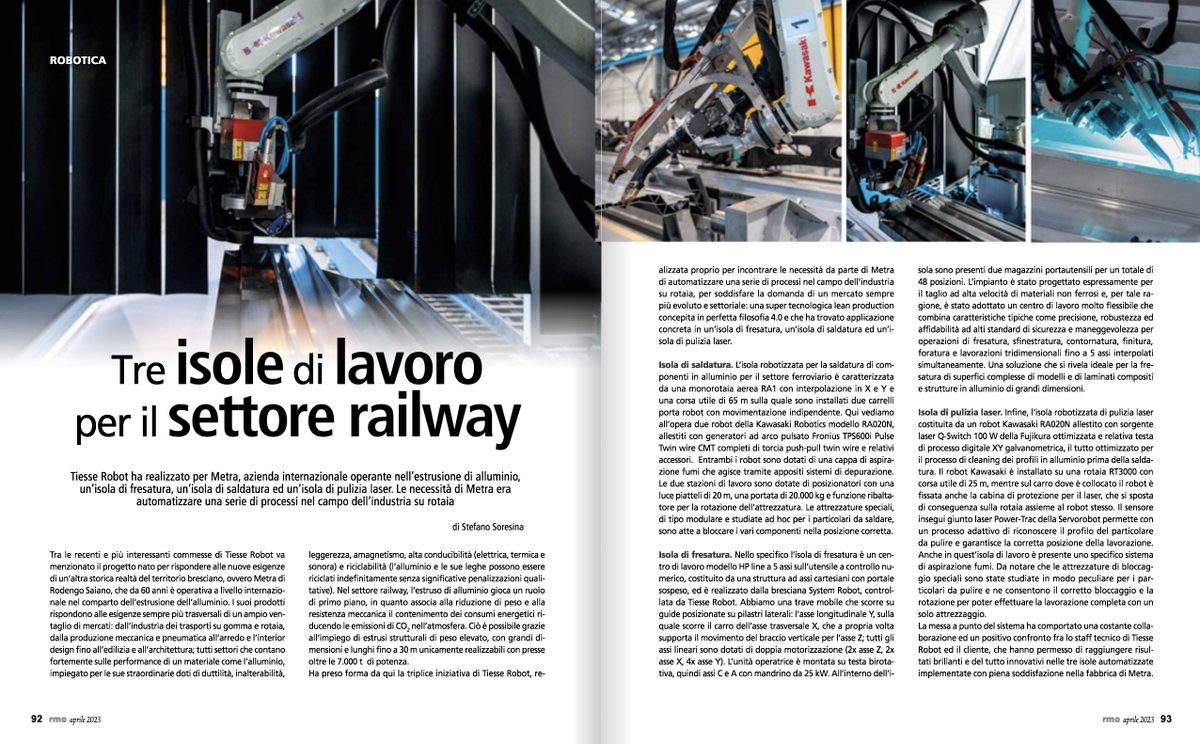 meccanica_plus's tweet image. Le tre isole di lavoro robotizzate #TiesseRobot per #Metra assolvono alle operazioni di #fresatura, #saldatura e #pulizia #laser nella produzione di componenti in #alluminio per il settore #Railway. L’articolo nella sezione #Robotica su #RMO di aprile.

tech-plus.it/brochure/rmo/2…