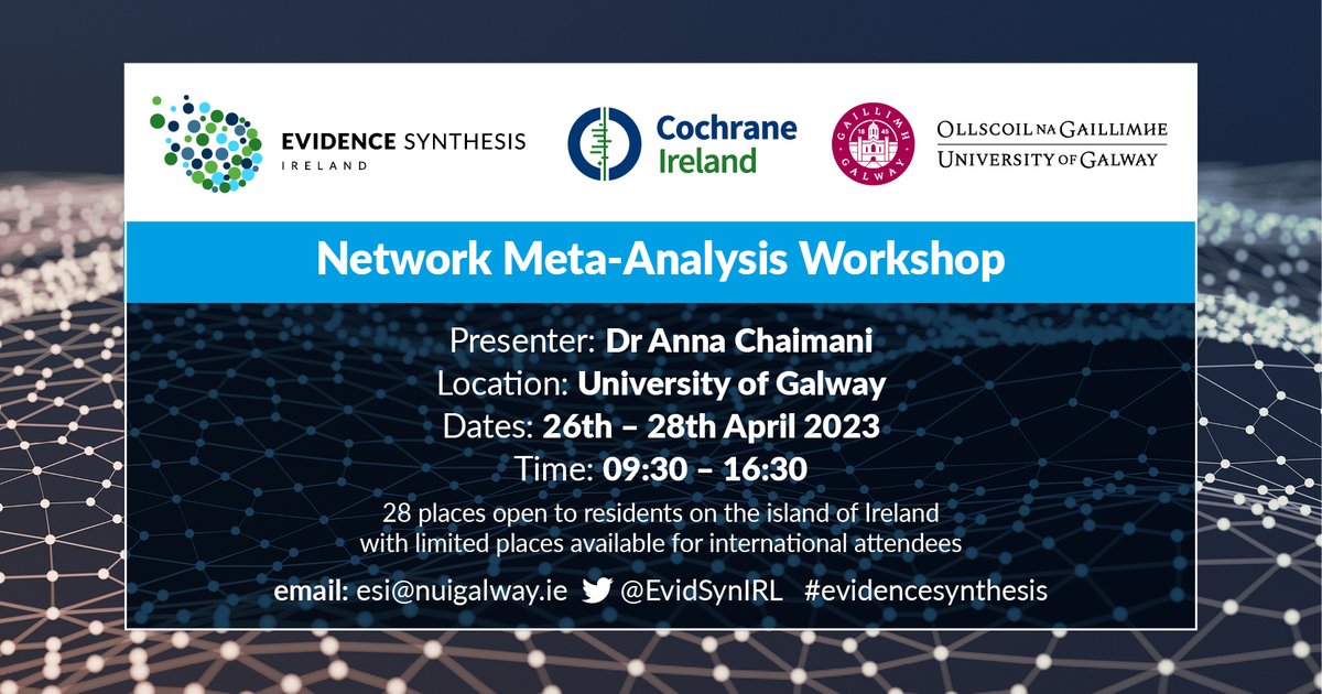 Evidence Synthesis Ireland (@evidsynirl) on Twitter photo Just under 2 weeks to join us for this workshop <a href="/uniofgalway/">Ollscoil na Gaillimhe | University of Galway</a> on Network Meta-Analysis. This workshop is facilitated by world-leading experts. Limited spaces for those on the island of Ireland and also for international colleagues #EvidenceSynthesis
evidencesythesisireland.ie/training Just under 2 weeks to join us for this workshop <a href="/uniofgalway/">Ollscoil na Gaillimhe | University of Galway</a> on Network Meta-Analysis. This workshop is facilitated by world-leading experts. Limited spaces for those on the island of Ireland and also for international colleagues #EvidenceSynthesis
evidencesythesisireland.ie/training