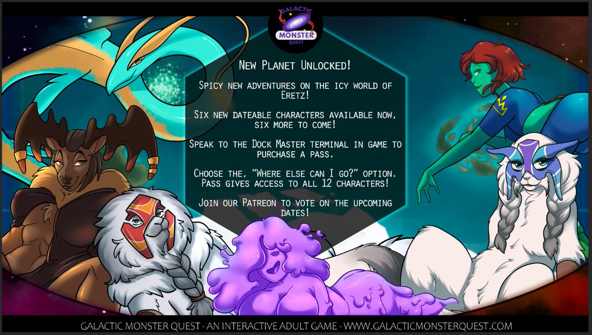 glmonsterquest's tweet photo. Eretz is now live! Patrons ( https://t.co/hinSp0IQGT ) will vote on which new dates get added to the pack!

Pick up your Eretz Pass today! ( https://t.co/M5KI5P19lT )

#galacticmonsterquest #monstergirl #monsterboy #datingsim https://t.co/WAKhNGarX6