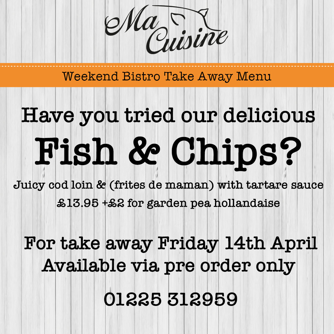 macuisine_bath's tweet photo. Have you tried our delicious fish & chips?
North Atlantic juicy cod loin & (frites de maman) with tartare sauce £13.95 + £2 for garden pea hollandaise
For take away Friday 14th April
Available via pre order only
➡️ 01225 312959
•
•
#ThePigGuide #totalguidetobath #frenchfood https://t.co/mEtEzUoCI9