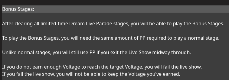 Suyo_'s tweet photo. #SIFAS: Information on how the DLP features work from the in-game help! #LLAS #スクスタ

DLP Voltage Ranking will work by playing the new Bonus Stage type, where you can't carry over Voltage - you cannot run out of Stamina, you cannot retire, and you must one-shot the Stage. https://t.co/MfG13mOPh7