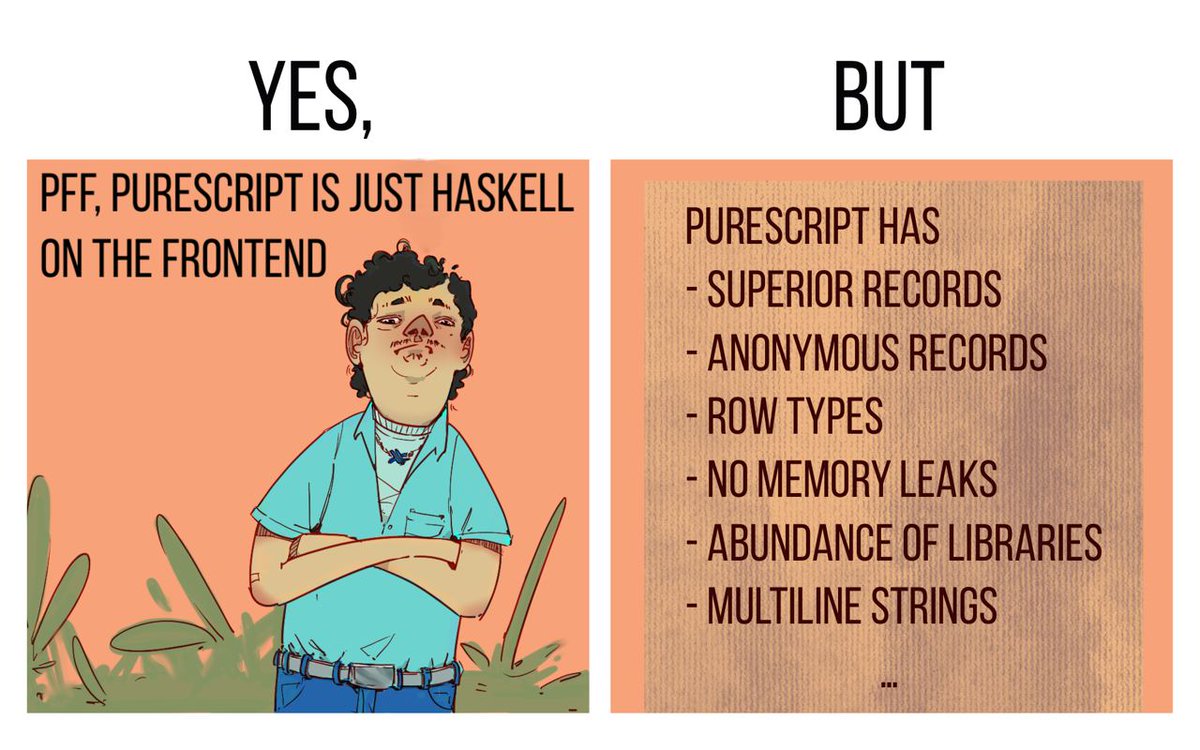 ChShersh's tweet image. Part #23: H̶a̶s̶k̶e̶l̶l̶ PureScript is superior
#haskell #purescript #fp
by @impurepics
It's always refreshing to see great parts about other programming languages when you feel like your favourite language is better than others 😌
via @graninas