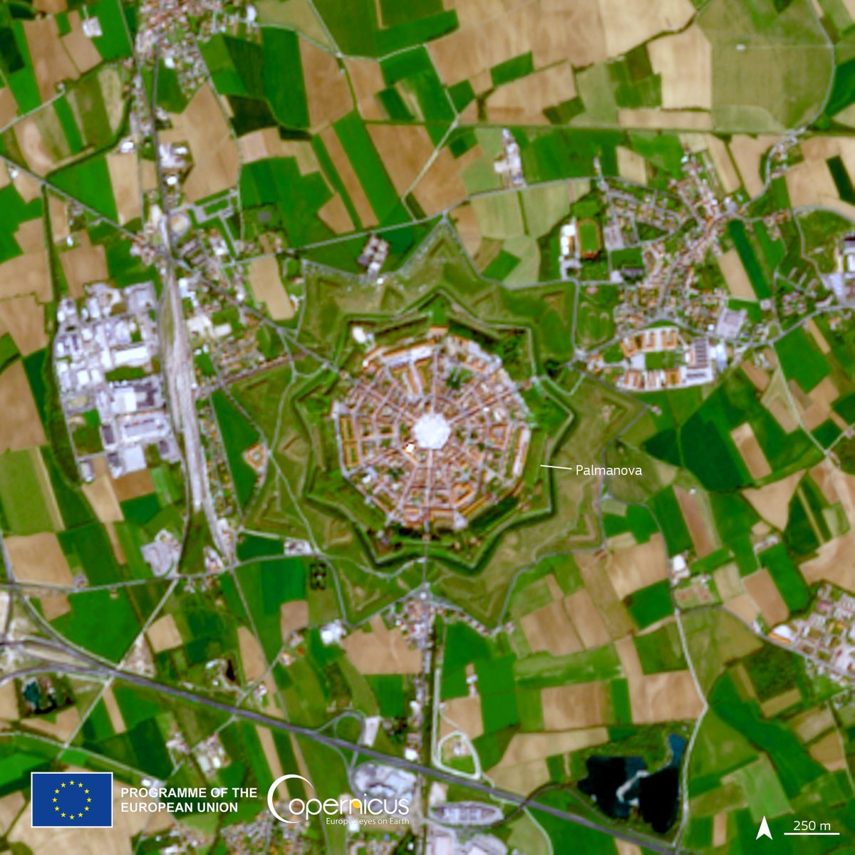#DYK❓

#Copernicus supports the protection of archaeological &amp; cultural heritage sites

Our #OpenData can be used to identify buried fortifications and walls, map land-use changes, archaeological sites etc.

📸The city of #Palmanova🇮🇹 as seen  by #Sentinel2🇪🇺🛰️ on 10 April