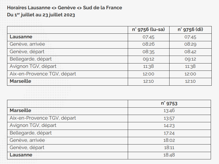 Liaison directe #Lausanne <-> Marseille durant le mois de juillet 2023 avec <a href="/TGV_Lyria/">TGV Lyria</a>