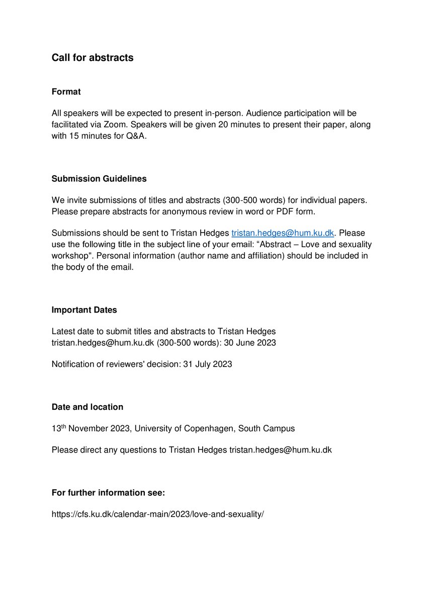 Philosophers and phenomenologists who work on love, sexuality, and everything in-between - please check out this CFA for an event I'm super excited to be organising in Copenhagen in November!

philevents.org/event/show/110…

Phenomenological Workshop on Love and Sexuality
💕 🫶 🫦