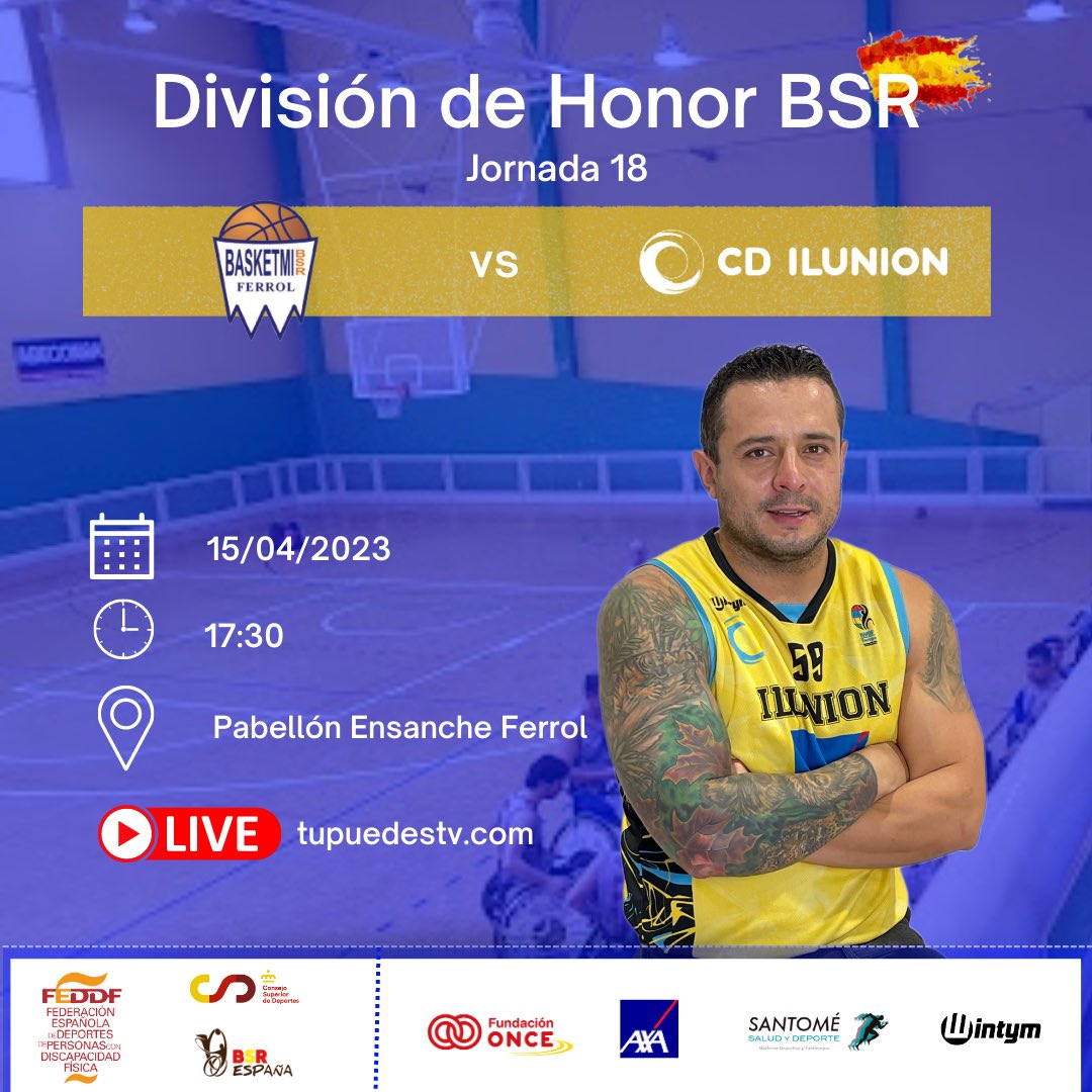 CD ILUNION (@cd_ilunion) on Twitter photo 🇪🇸El tiempo vuela y ya está aquí el último partido de la liga🔥🔥
🇬🇧Time flies and the last game of the league is here🔥🔥
🗓️ 15/04/23
⏰ 17:30
🎥 tupuedestv.com
<a href="/fundaciononce/">Yo te ayudo</a>
<a href="/fundacionaxa/">Fundación AXA</a>
<a href="/bsrespana/">BSREspaña</a>
@basketmiferrol 🇪🇸El tiempo vuela y ya está aquí el último partido de la liga🔥🔥
🇬🇧Time flies and the last game of the league is here🔥🔥
🗓️ 15/04/23
⏰ 17:30
🎥 tupuedestv.com
<a href="/fundaciononce/">Yo te ayudo</a>
<a href="/fundacionaxa/">Fundación AXA</a>
<a href="/bsrespana/">BSREspaña</a>
@basketmiferrol