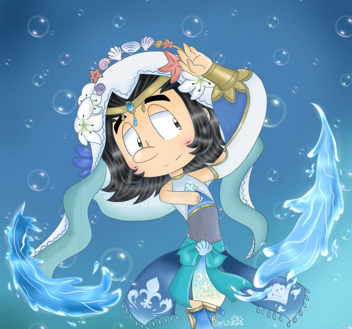 royszawa's tweet photo. Yea, I made a dancing attire to lobster baby, inspired by Nilou. 🌊🌊🌊
I'll make another dancing attire for him soon. It will be called "Sea Serpent" or just oarfish.
Thanks, @hellish_meoww for pointing out the error of his arm 😭😭
#JeanClawed https://t.co/0oyy5iY4y9