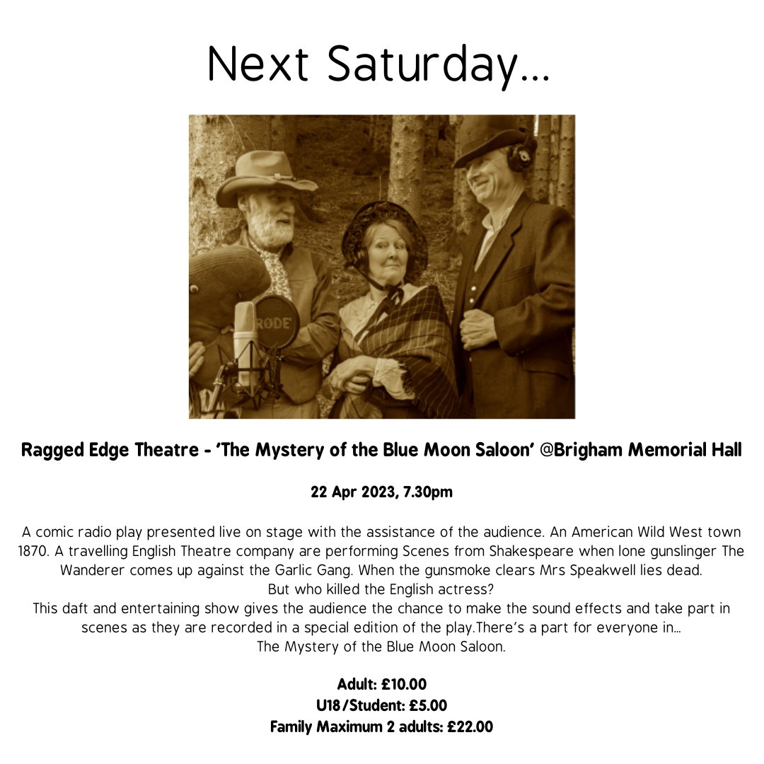 Kirkgate Arts Out West is the Rural Touring arm of Kirkgate Arts and Heritage, serving a large area of West Cumbria from North to South.   

Why not check out some of the upcoming shows we have available? 

Tickets: thekirkgate.ticketsolve.com/ticketbooth/sh… 

#kirkgatearts