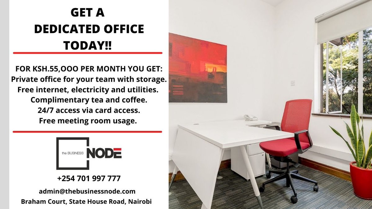 TheBusinessNode's tweet photo. Are you in search of an office space? At the Business Node, we offer a wide range of packages for you. Contact us for more details at 0701997777 for more details.
#business #coworkingspace #flexibleworking #thebusinessnode https://t.co/az4dRWs2fQ