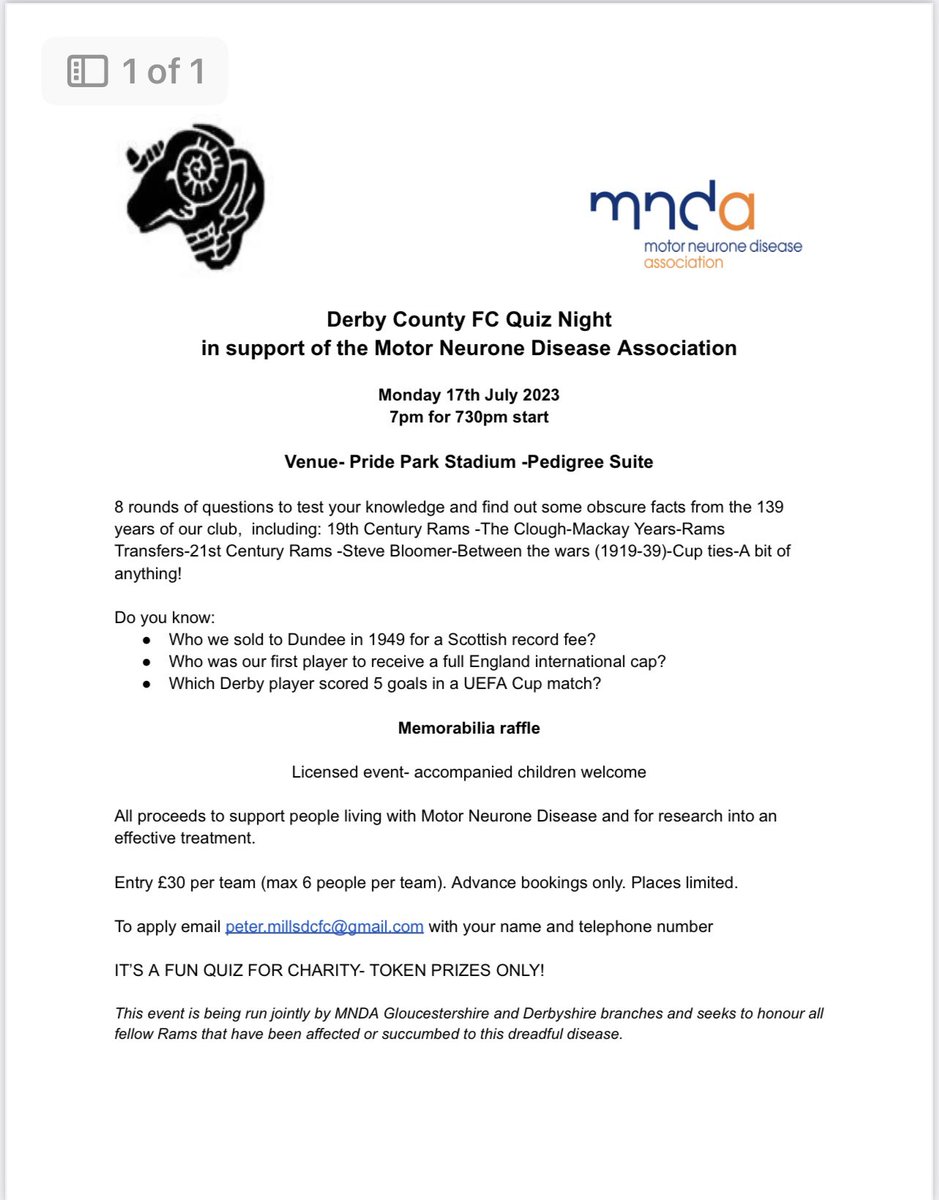 Calling all Rams fans! If you want to showcase your #dcfc knowledge, there is a quiz night being organised at Pride Park on July 17th by some #dcfc season ticket holders in aid of <a href="/mndassoc/">MND Association</a>. Details below. <a href="/PunjabiRams/">Punjabi Rams</a> <a href="/dcfc_flagman/">nick webster</a> <a href="/dcfcbawt/">Black & White Together</a> <a href="/DCCTOfficial/">Derby County Community Trust 🐏</a> <a href="/DCFCMemories/">Derby County Memories</a> <a href="/DCFCSC/">DCFC Supporters Club</a>