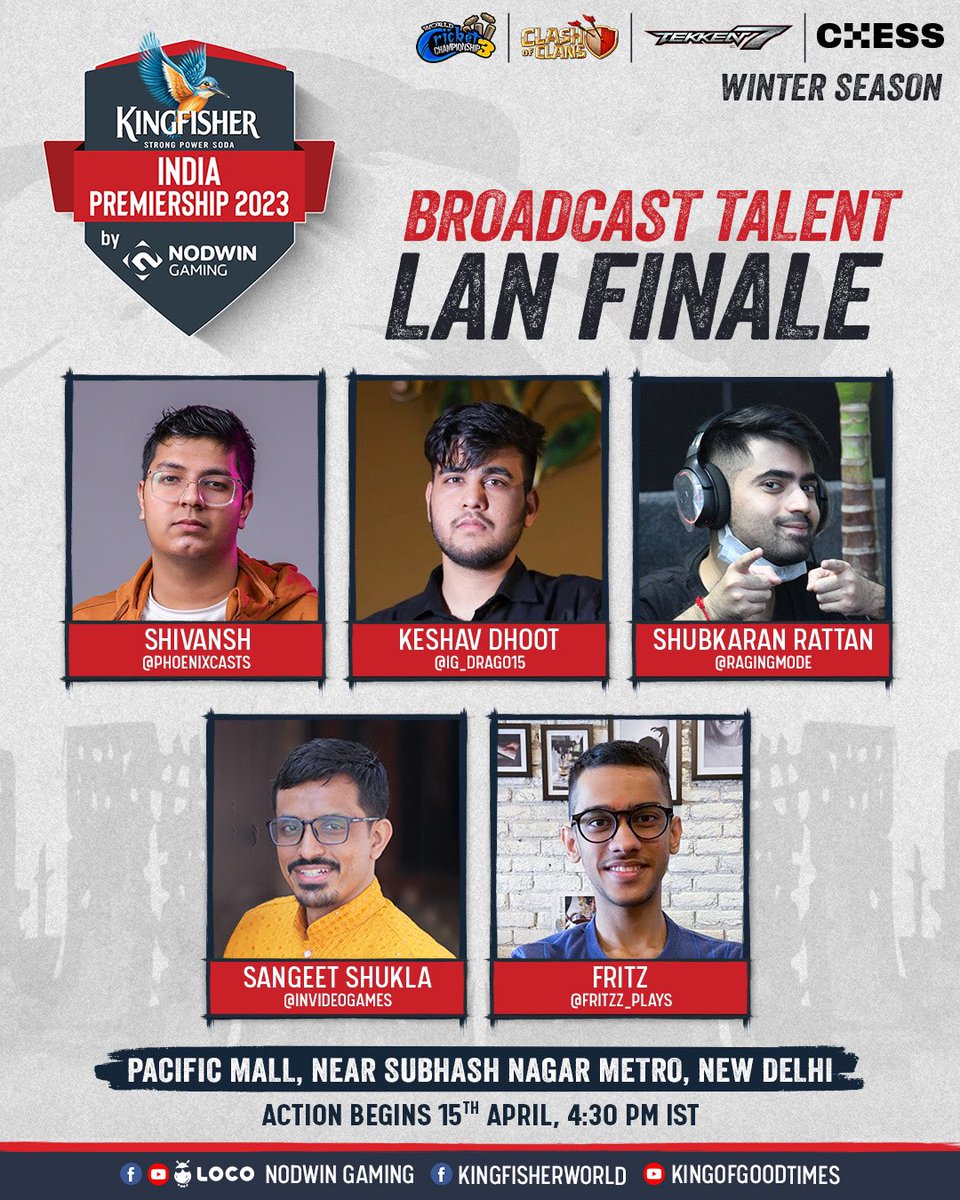 NodwinGaming's tweet photo. Our LAN Finale just got even more exciting!π€©
We're thrilled to reveal the incredible lineup of broadcast talent who will be taking the stage of #KingfisherIndiaPremiership Finale.π₯π
@kingfisherworld #ForTheLoveOfPlay #BeTheBest
#KIPWinter #ClashOfClans #Tekken7 #wcc3 #Chess https://t.co/Y7jlZQrVp3