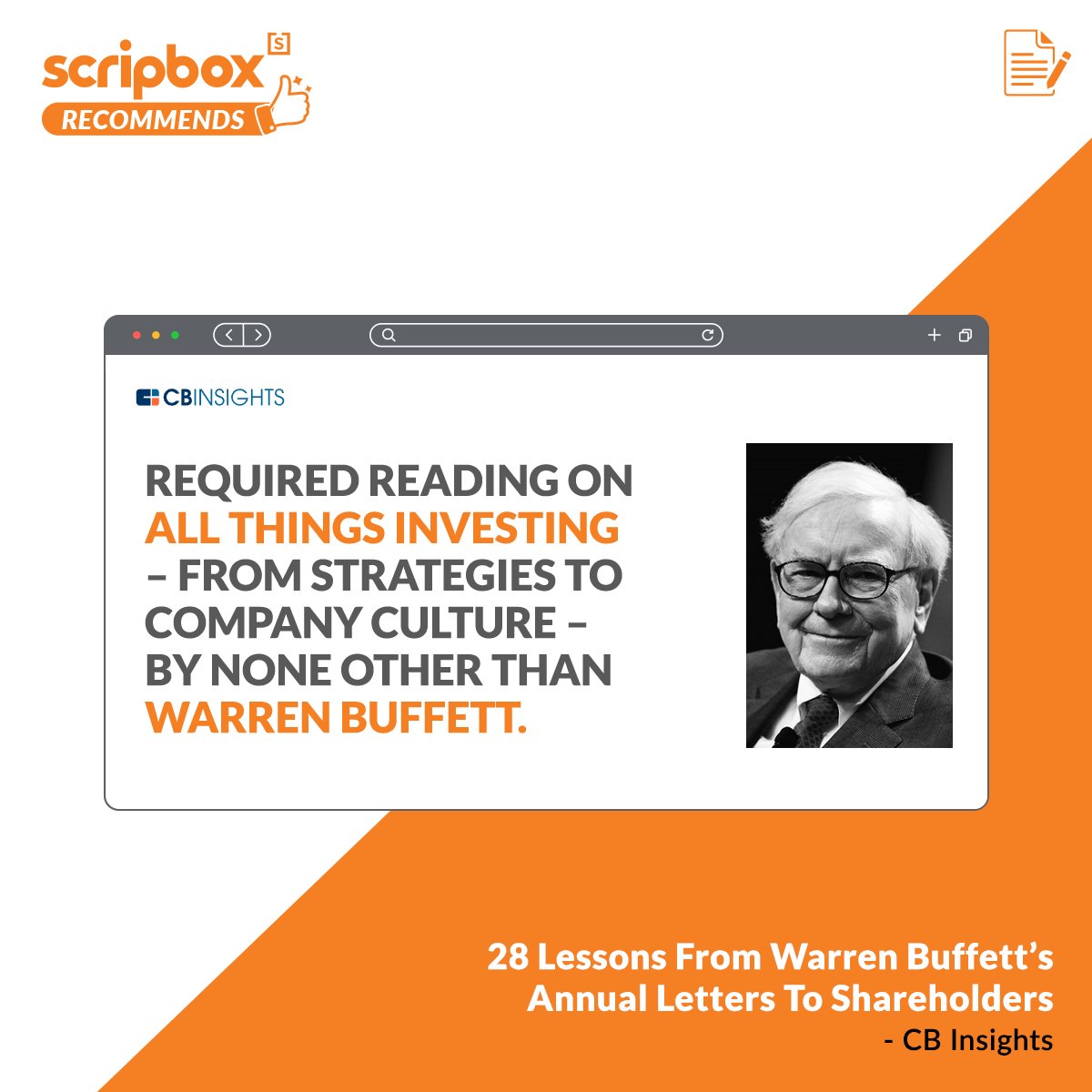 scripbox's tweet photo. #ScripboxRecommends
An article curated by CB Insights, which distils four decades of investing wisdom from the Oracle of Omaha, into 28 lessons.
Read it here:
https://t.co/iLhnefBdZi https://t.co/Q36rr6S0Yr