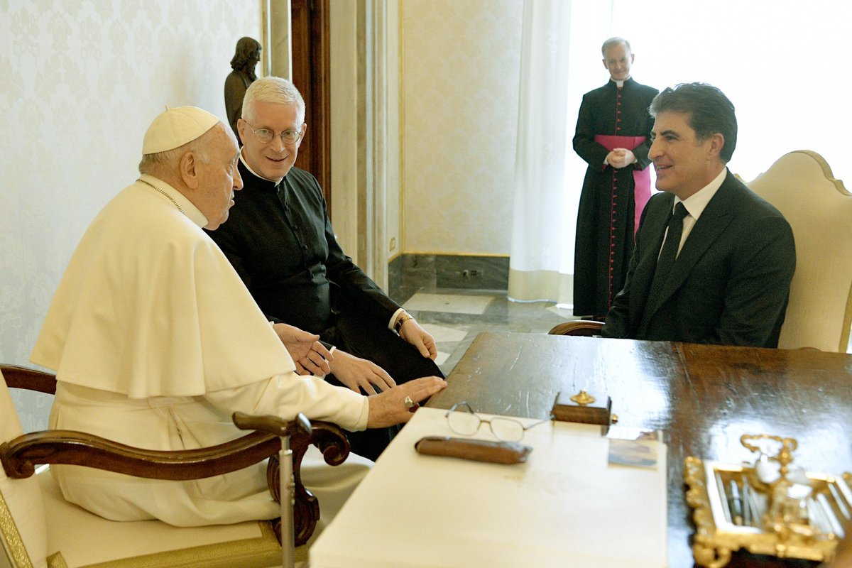 IKRPresident's tweet photo. I’m honored to meet Pope Francis today &amp; delighted to see His Holiness in good health. @Pontifex stressed the importance of preserving peace &amp; fraternity among Iraq’s communities. I reiterated my commitment to continue promoting peace &amp; coexistence in Kurdistan , Iraq &amp; beyond. https://t.co/1mnv4gzB3J