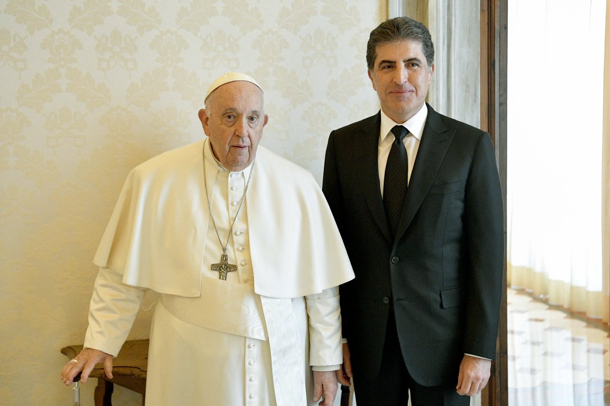 IKRPresident's tweet photo. I’m honored to meet Pope Francis today &amp; delighted to see His Holiness in good health. @Pontifex stressed the importance of preserving peace &amp; fraternity among Iraq’s communities. I reiterated my commitment to continue promoting peace &amp; coexistence in Kurdistan , Iraq &amp; beyond. https://t.co/1mnv4gzB3J