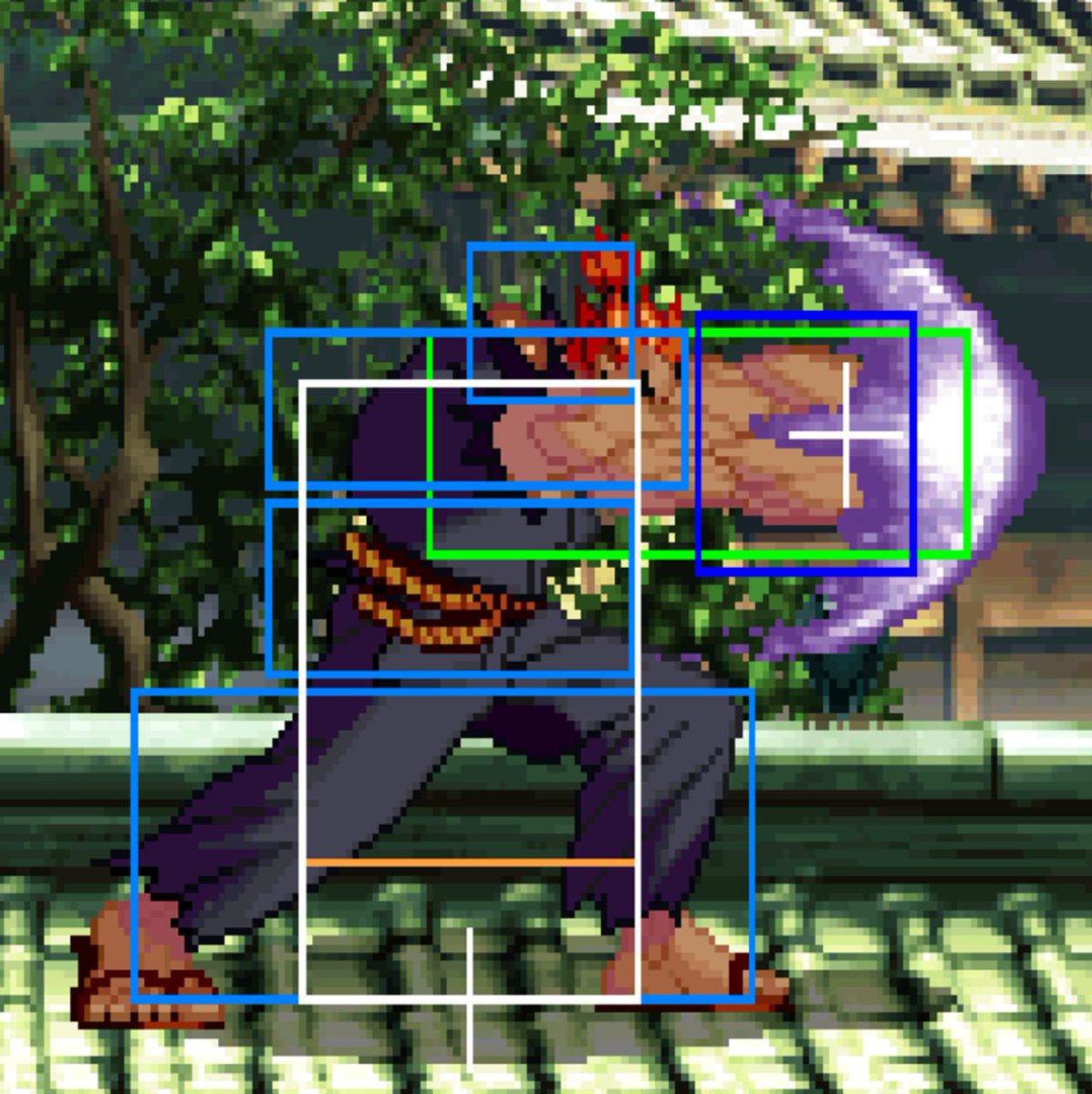 crystal_cube99's tweet photo. SA暗転と同時に自分の弾を相手の弾に当てるには、自分の弾が出た瞬間の攻撃判定（緑）を相手の弾に当てる必要があるのですが、相手の弾が自分の食らい判定（薄い青）に当たらないようにもする必要があります。
これらの画像を見れば、ユリアンだけ極端に難しいというのが解って頂けると思います(´∀`)σ https://t.co/YwRHf2AvIA
