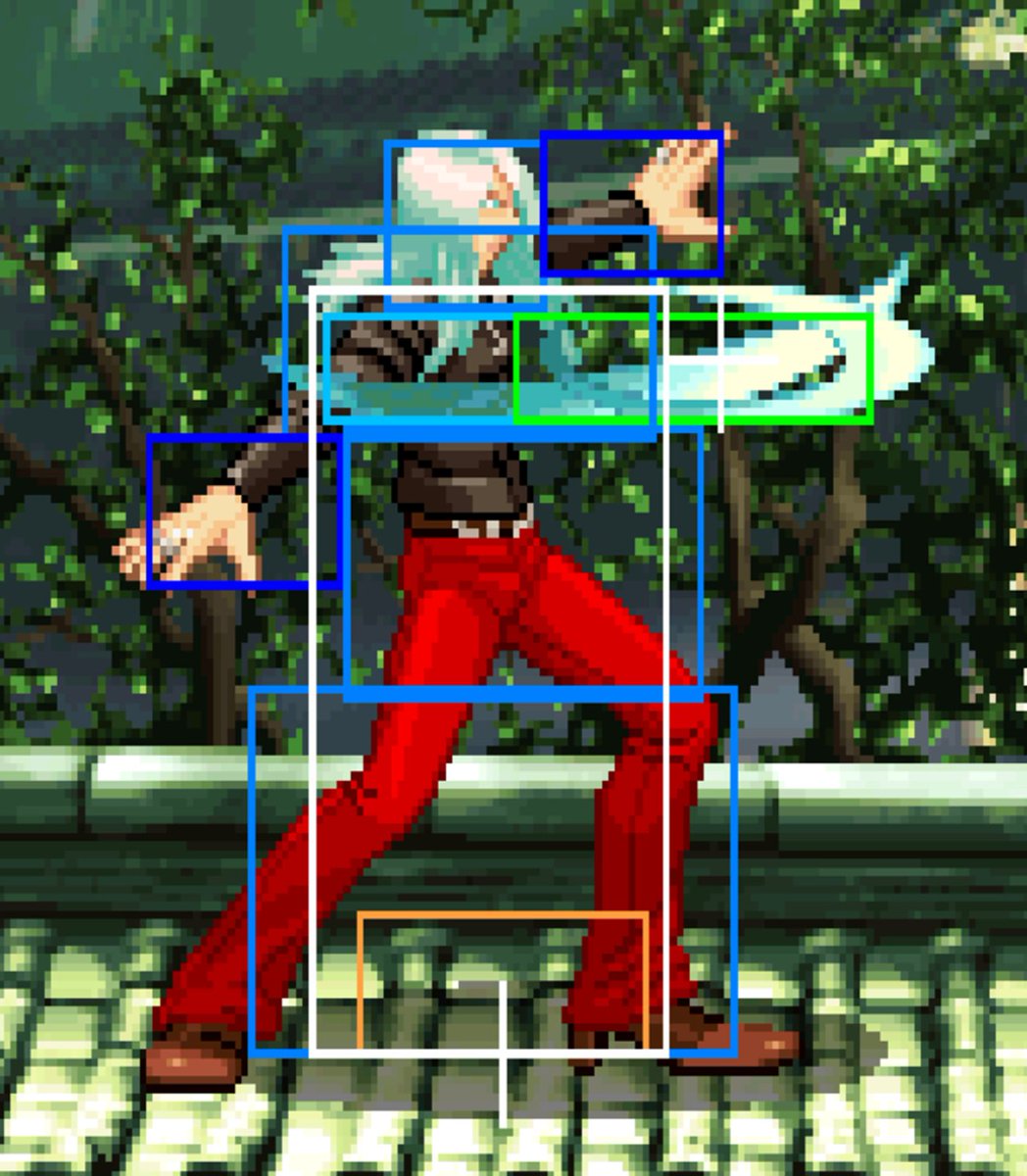 crystal_cube99's tweet photo. SA暗転と同時に自分の弾を相手の弾に当てるには、自分の弾が出た瞬間の攻撃判定（緑）を相手の弾に当てる必要があるのですが、相手の弾が自分の食らい判定（薄い青）に当たらないようにもする必要があります。
これらの画像を見れば、ユリアンだけ極端に難しいというのが解って頂けると思います(´∀`)σ https://t.co/YwRHf2AvIA