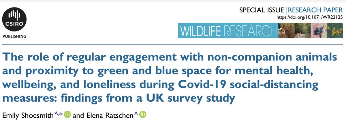 emilyshoesmith's tweet photo. Delighted that our fourth paper from the @INTACTstudy is published in Wildlife Research @CSIROPublishing 📢

Investigating the role of engagement with #wildlife and use of green/blue space for #mentalhealth during Covid-19 🦆🦉

Link here: https://t.co/tE6pE4YN2n https://t.co/1IPwITEF2O
