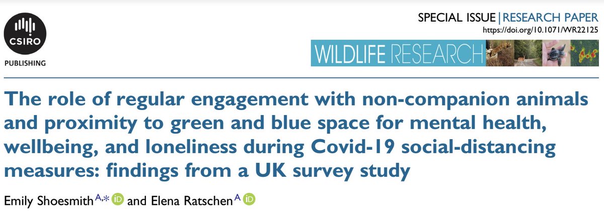 Delighted that our fourth paper from the @INTACTstudy is published in Wildlife Research @CSIROPublishing 📢 Investigating the role of engagement with #wildlife and use of green/blue space for #mentalhealth during Covid-19 🦆🦉 Link here: publish.csiro.au/WR/WR22125