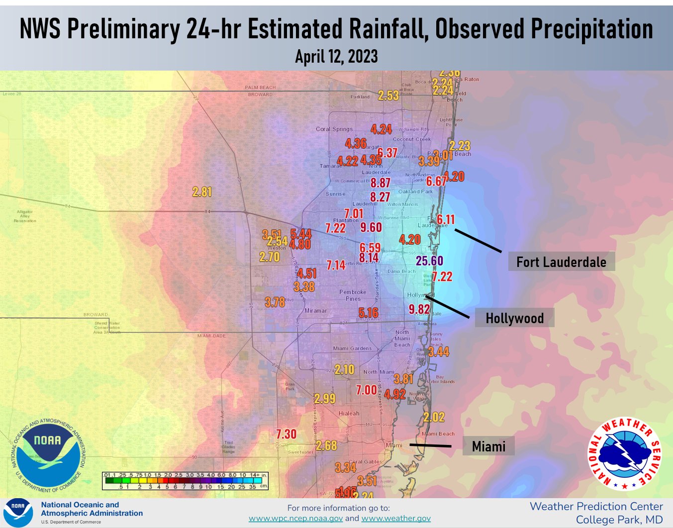 Picture showing the estimated 24-hour rainfall totals (color fill) and rainfall observations (text).