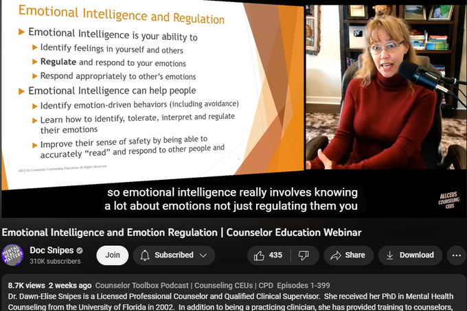 8,790 views  Premiered on 29 Mar 2023  Counselor Toolbox Podcast | Counseling CEUs | CPD  Episodes 1-399
Dr. Dawn-Elise Snipes is a Licensed Professional Counselor and Qualified Clinical Supervisor.  She received her PhD in Mental Health Counseling from the University of Florida in 2002.  In addition to being a practicing clinician, she has provided training to counselors, social workers, nurses and case managers internationally since 2006 through AllCEUs.com 

📢SUBSCRIBE and click the BELL to get notified when new videos are uploaded. 
If this video has helped you, please consider donating to support the channel Cashapp: 💲DocSnipes  Paypal: https://DocSnipes.com/Donate  YouTube:  DocSnipes.com/Join
💻 Online course based on this video can be found at 
https://AllCEUs.com Unlimited continuing education CEUs $59 
⭐ Specialty Certificate Programs and Masterclasses in Case Management and Counselor Certification beginning at $89 https://AllCEUs.com/certificate-tracks

#emotionregulation