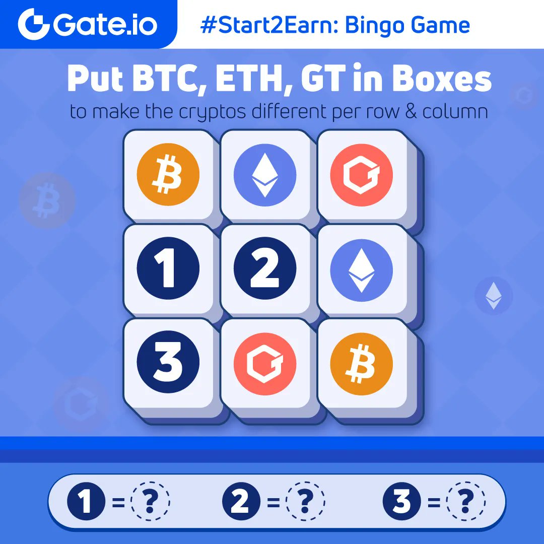 Gate_Launch's tweet photo. #GateioStart2Earn: Bingo Game

Put #BTC, $ETH, $GT in Boxes
👀 Make the cryptos different per row &amp; column

🎁Answer &amp; Share $100 #Giveaway 

Follow @gate_io
RT &amp; tag 3 friends
💬 Click to answer: https://t.co/ayQpePNKuW 
 
⏰End at 16:00, April 16 (UTC)
#Crypto #Gateio https://t.co/BpKZW8ylkF