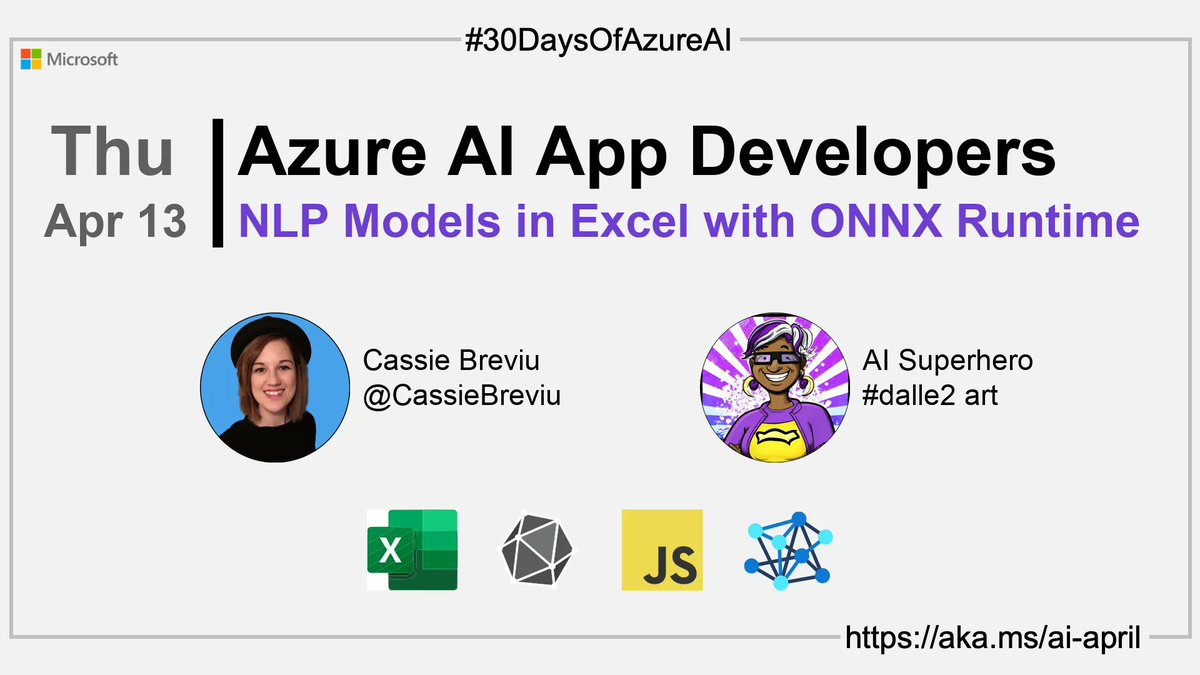 GlobAICommunity's tweet image. 🧑‍💻Welcome to day 12 of #30DaysOfAzureAI. Excel + NLP + ONNX = 🔥! Get ready to build a powerful Excel add-in with BERT NLP using the ONNX Runtime. buff.ly/3KuksW3 #ONNXRuntime