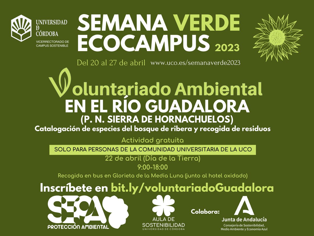 💚El 22 de abril, #DíadelaTierra, nos vamos al Parque Natural de la Sierra de Hornachuelos a realizar un voluntariado ambiental.

Apúntate ya en bit.ly/voluntariadoGu…

Actividad exclusiva para personas de la comunidad universitaria de la <a href="/Univcordoba/">Universidad Córdoba</a>.