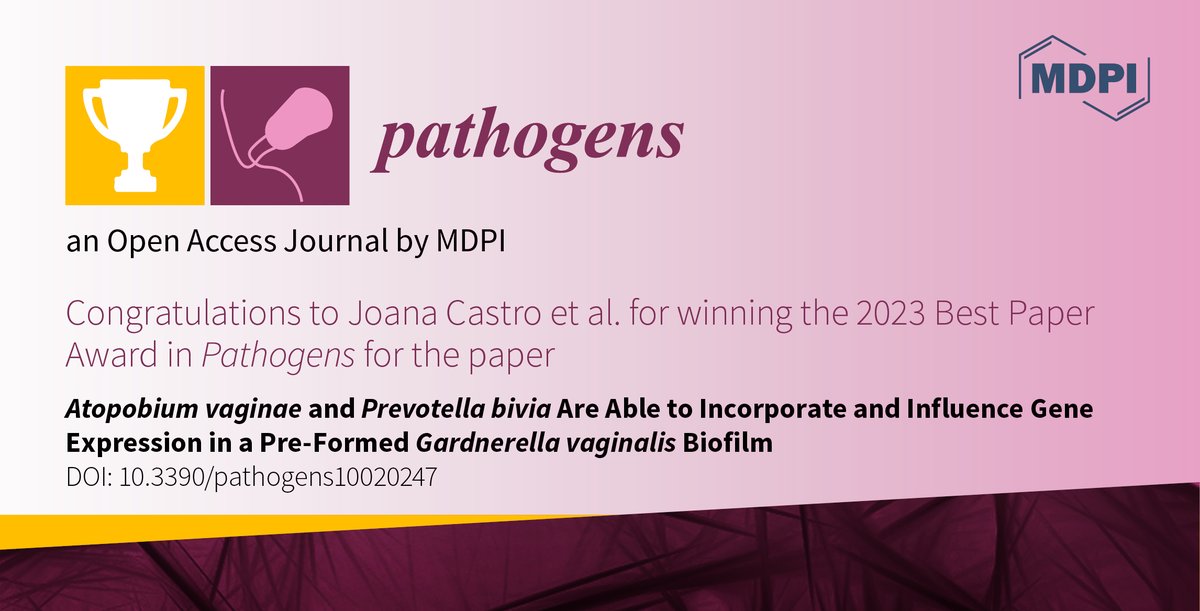 Pathogens_MDPI's tweet photo. Pathogens 2023 #BestPaperAward:
📢Atopobium vaginae and Prevotella bivia Are Able to Incorporate and Influence Gene Expression in a Pre-Formed #Gardnerella vaginalis #Biofilm
👨‍🎓Joana Castro et al. @ChristinaMuzny  @Cerca_et_al 
👉https://t.co/U3UrqxAaRh
#vaginosis
#polymicrobial https://t.co/AiacV4fyJ0
