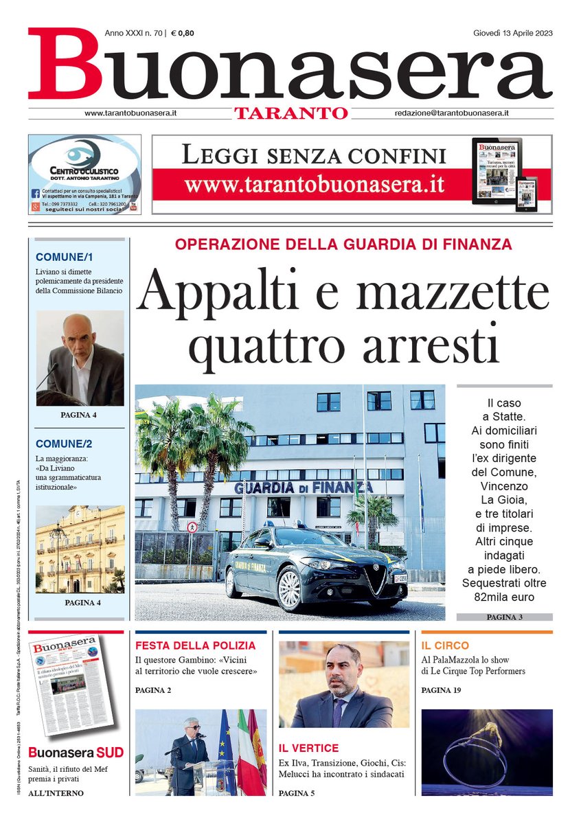 TaBuonaSera's tweet photo. 🔹️Appalti e mazzette 4 arresti @GDF
🔹️ @gianni_liviano si dimette @ComuneTaranto / Accuse dalla maggioranza
🔹️ #festadellapolizia "Vicini ad un territorio che vuole crescere" @QuesturaDiTa
🔹️Confronto tra #Melucci @cgilnazionale @CislTaBr @cgilpuglia @uilpuglia https://t.co/PWOVtO4eFU