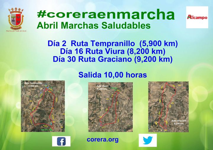 alcaldecorera's tweet photo. @alcaldecorera 
Segunda salida 16 de Abril, se saldrá desde la plaza las 10 horas, coge tu botella de agua @alcampo 
#coreraenmarcha https://t.co/bpnCTdbliR