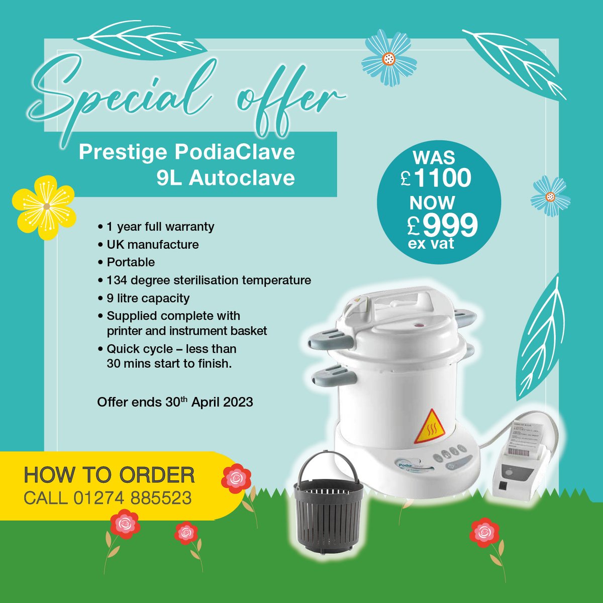 On Offer Prestige Podiaclave Autoclave 9L 
Was £1100 Now £999 ex vat. Ends 30/04/23

✔ 1 year full warranty
✔ UK manufacture
✔ 34 degree sterilisation temperature

Call 01274 885523 for more info. View offer bit.ly/3oc2Kip
#healthcare #footcare #foothealth  #podiatry